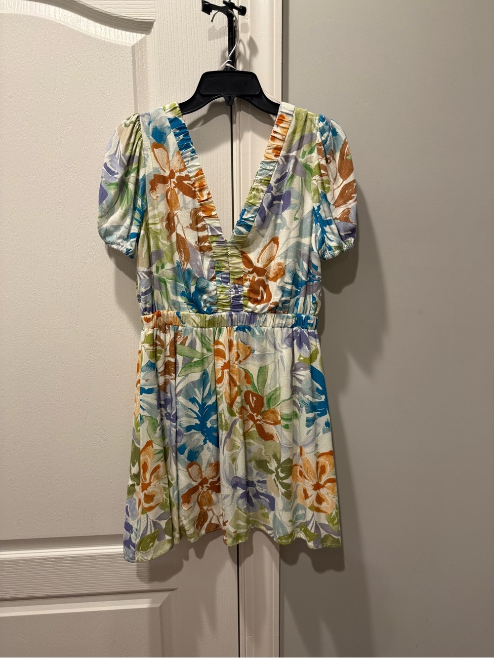 Sage Floral Ruched V-Neck Mini Dress in Blue, Green & Orange